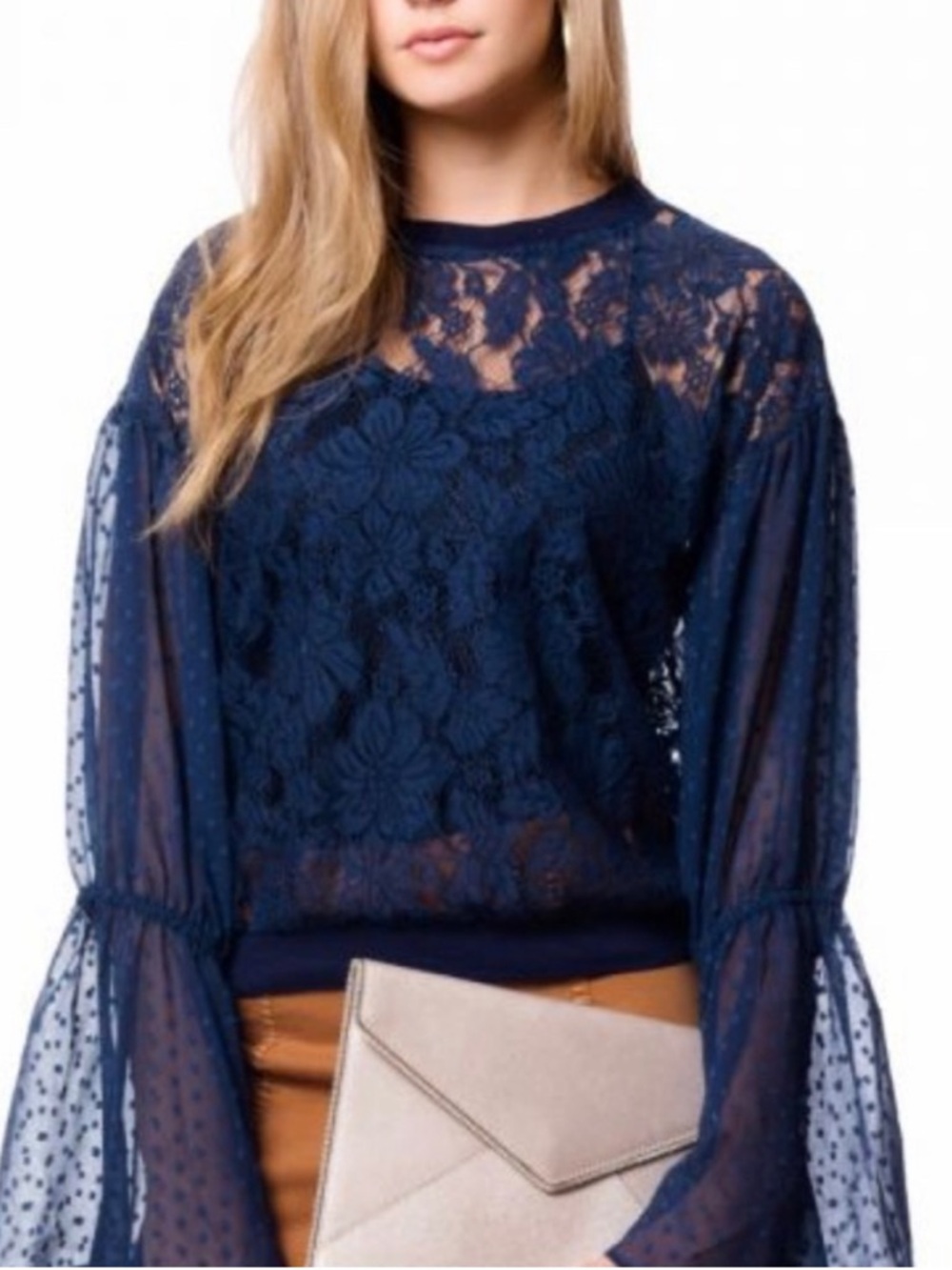 Free People Navy Something Like Love Lace Bell Sleeve Blouse Medium